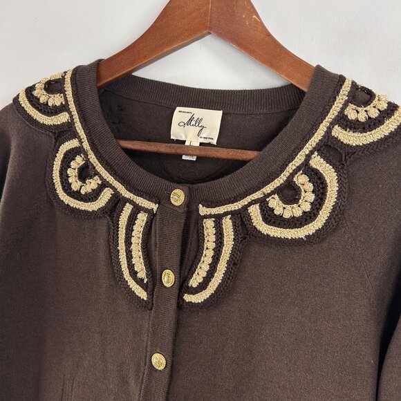 Milly of New York Cardigan Sweater Large Brown Silk Gold Crochet Embroidery Chic - Picture 5 of 15